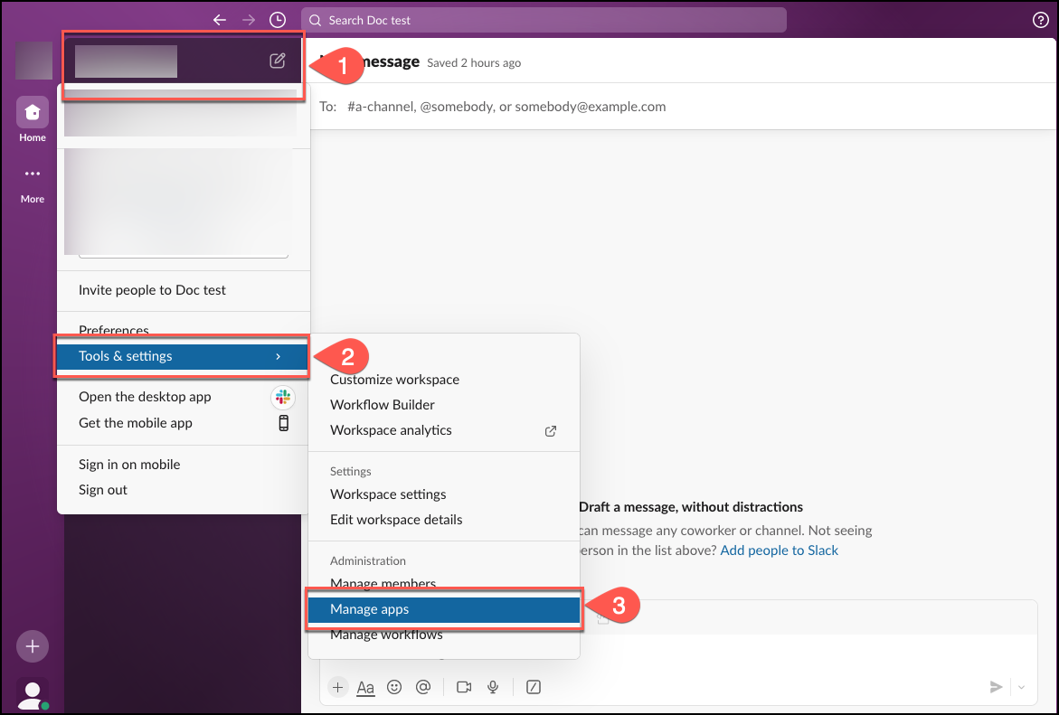 Screenshot of the Slack workspace menu showing how to access the App Directory to create a new app for integration.