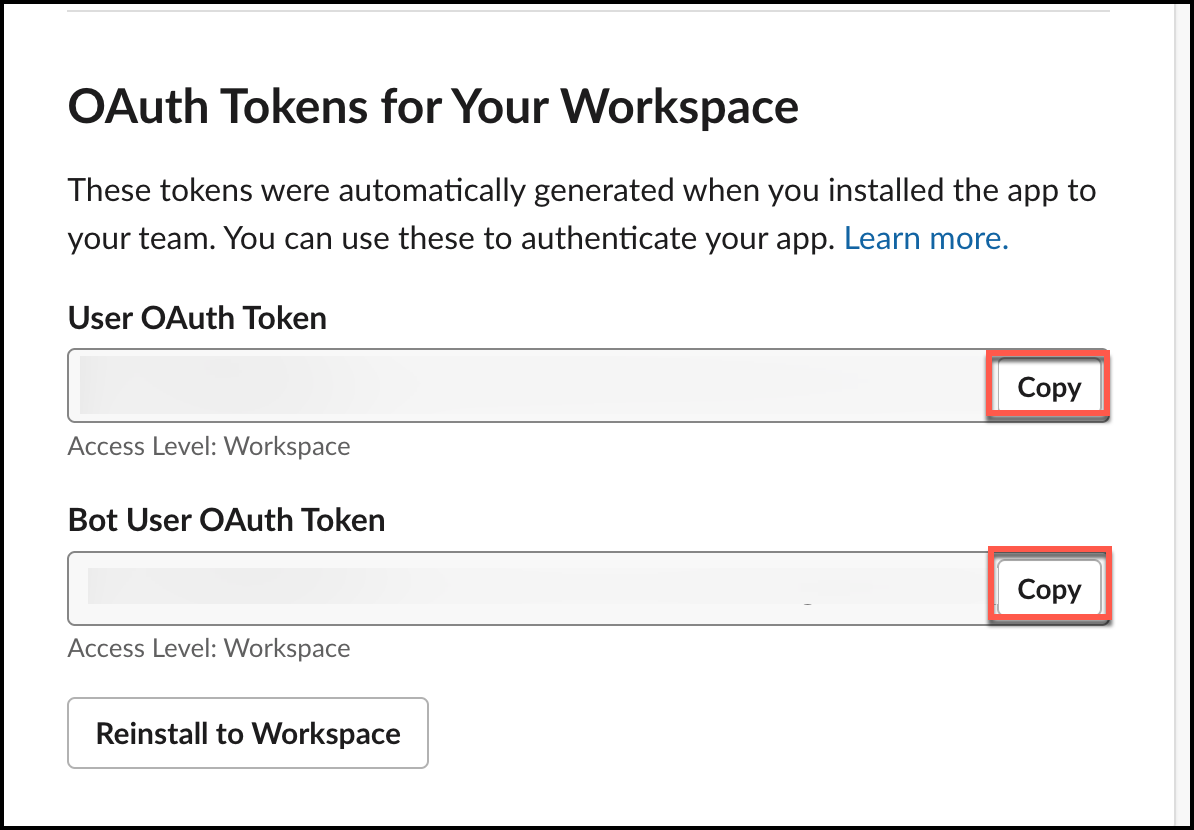 Screenshot of the Slack "OAuth Tokens" screen displaying the generated OAuth tokens that need to be copied for connecting to Amazon Q Business.