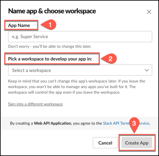 Screenshot of the "Name app & choose workspace" dialog box where users enter an app name and select a workspace for deployment.