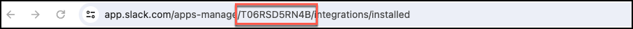 Screenshot showing the URL of the Slack workspace management page with the team ID highlighted, which is needed for connecting to Amazon Q Business.