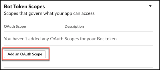 Screenshot of the Slack "OAuth & Permissions" page showing the Bot Token Scopes section where users can add permission scopes for the bot.