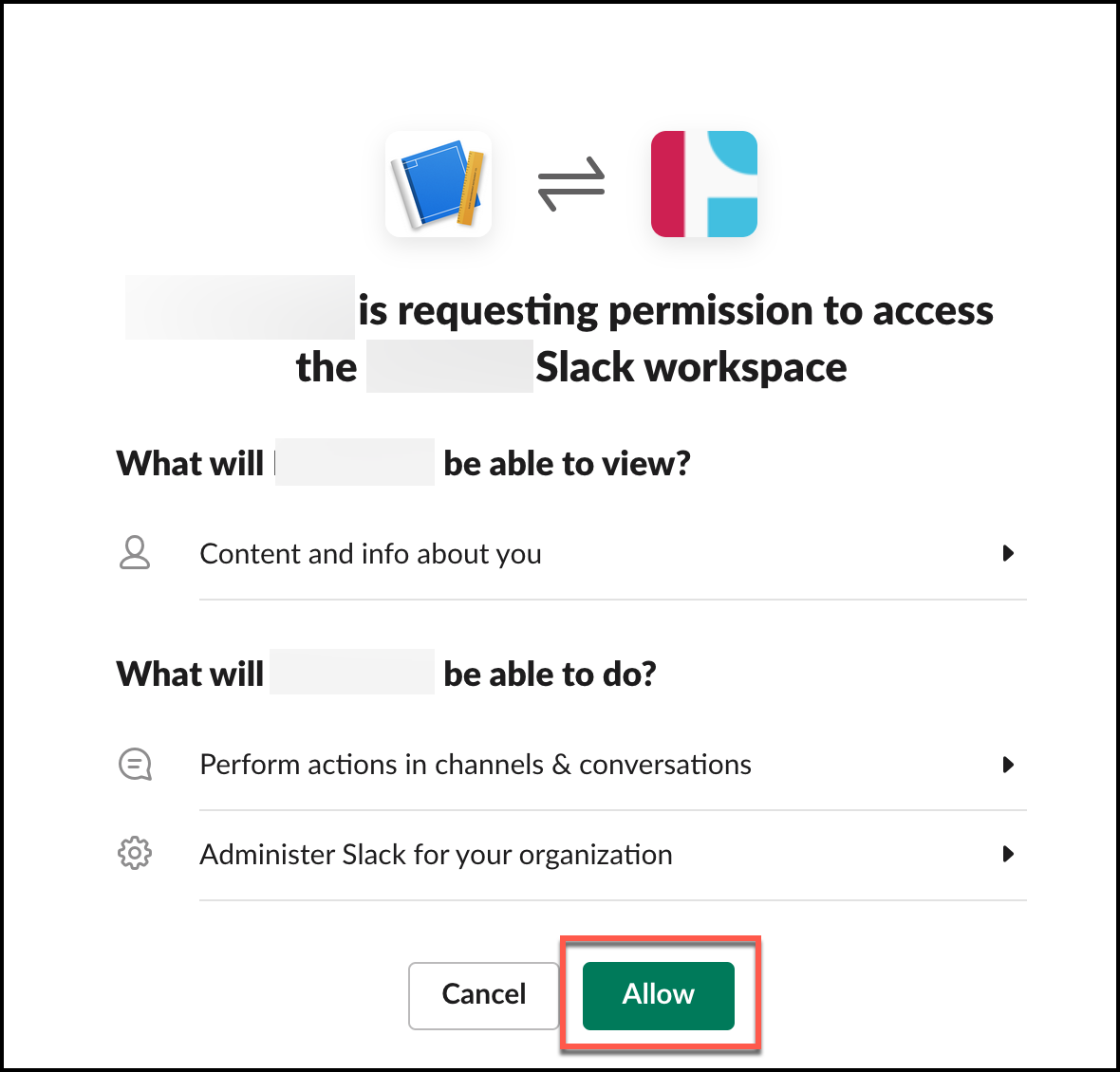 Screenshot of the Slack permission request dialog box asking for authorization to access the workspace, with an "Allow" button for users to grant permissions.