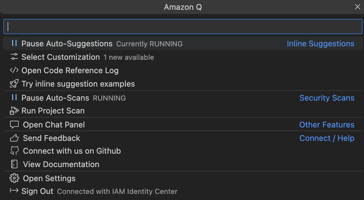 The Amazon Q task bar in VS Code.