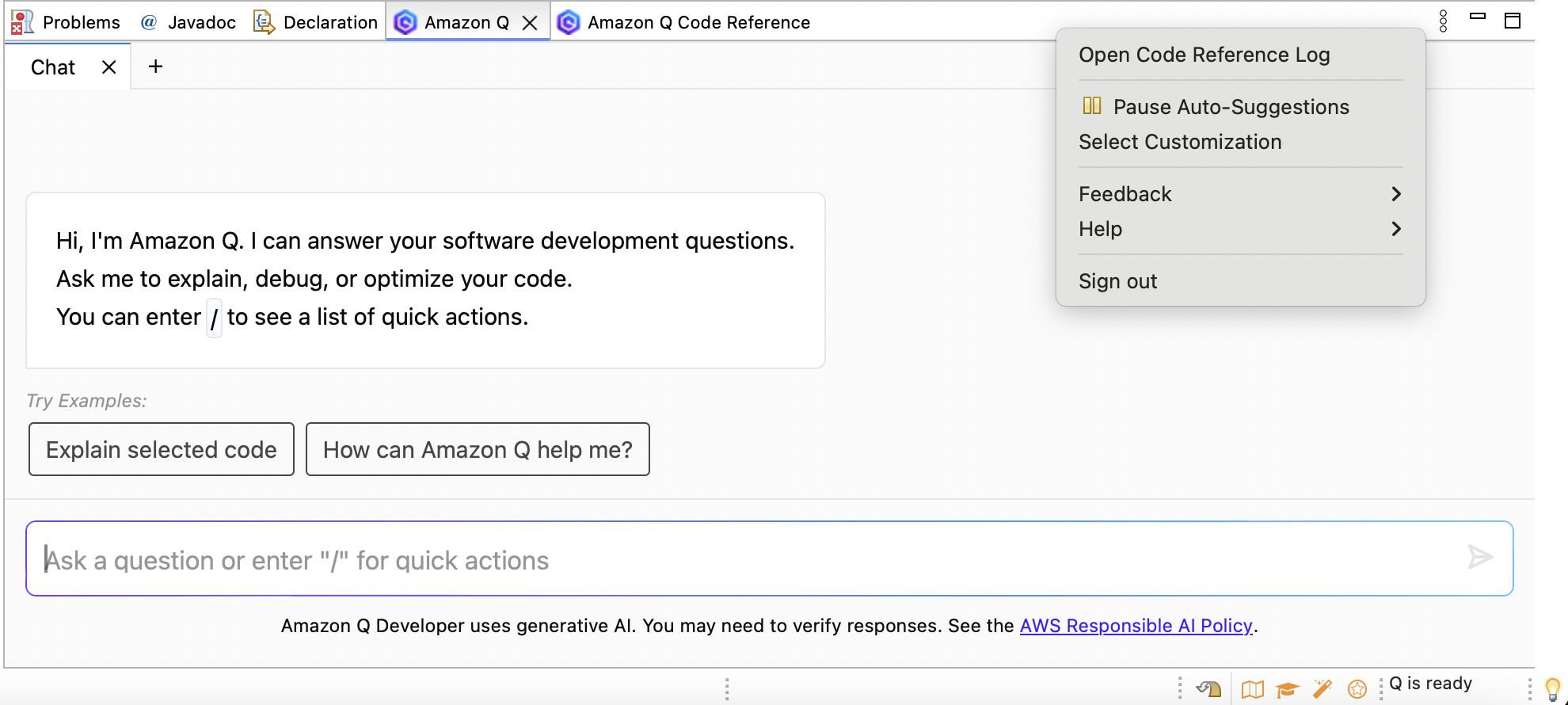 The Amazon Q task bar in an Eclipse IDE.