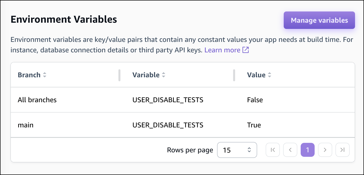 The Environment variables section in the Amplify console.