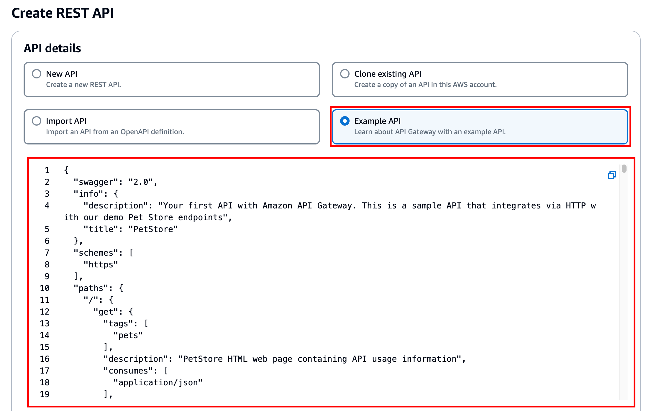 Example REST API in the API Gateway console.