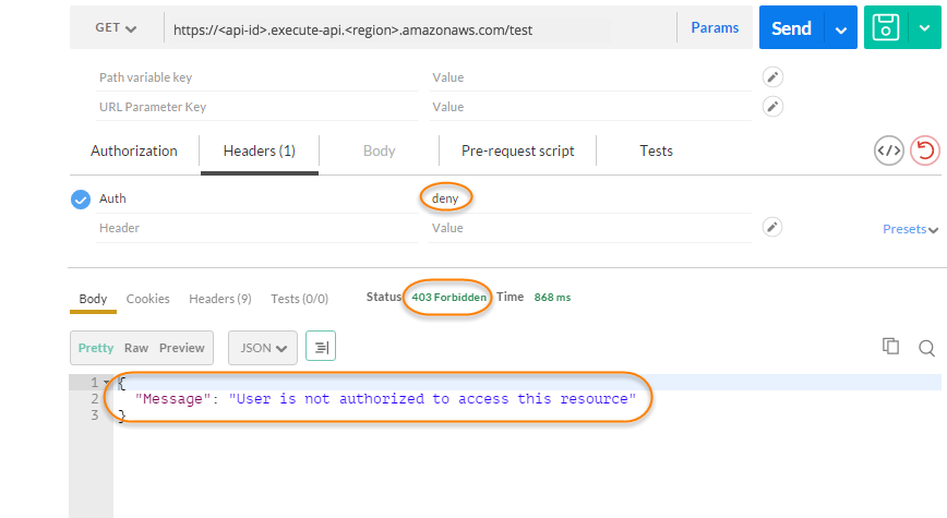 Call API with Lambda authorization deny token