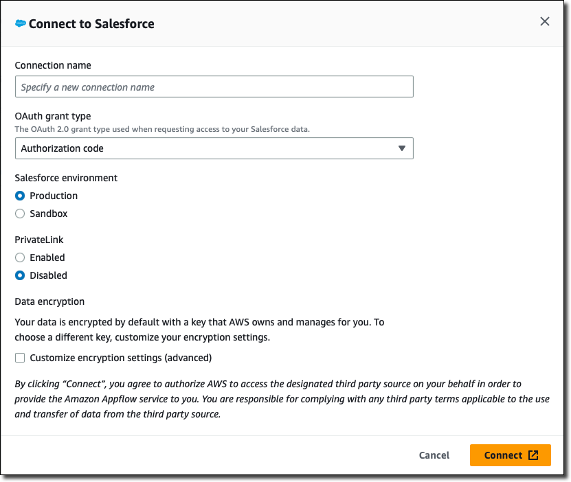 The Connect to Salesforce window.