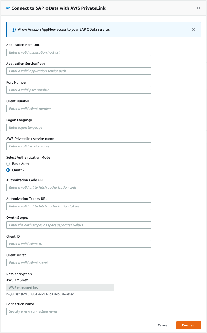 Form to connect SAP OData with AWS PrivateLink, showing fields for configuration and OAuth2 authentication.