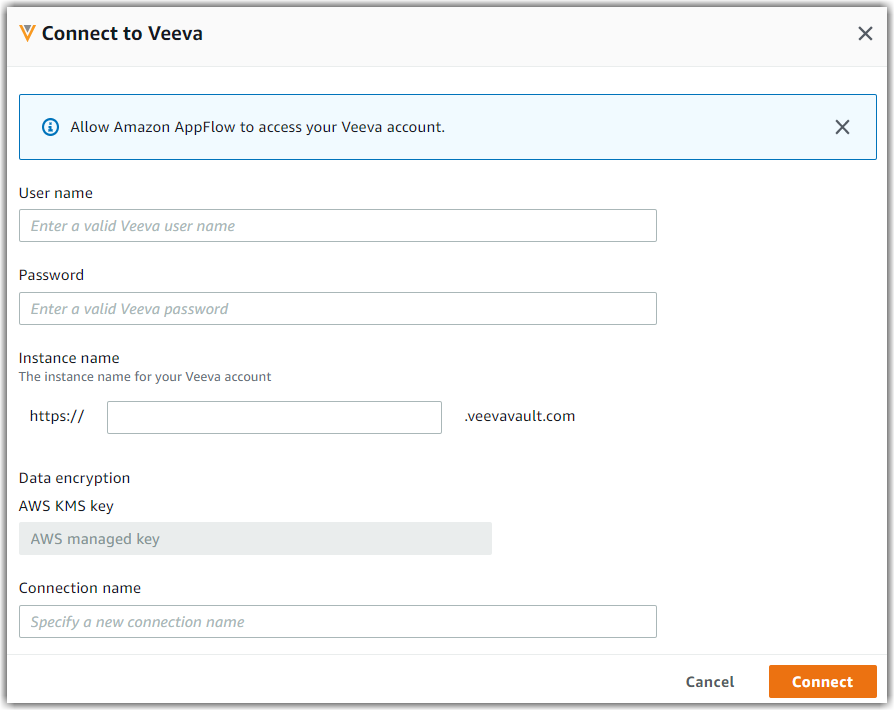 Veeva connection form with fields for user name, password, instance name, and connection name.
