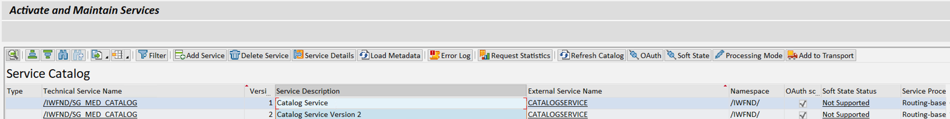 Service catalog interface showing two catalog services with version and description details.