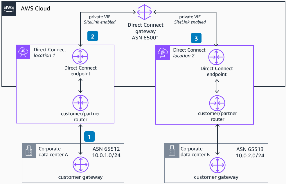 Reference architecture diagram showing how to route traffic between AWS Direct Connect locations through the AWS global network backbone without traversing any AWS Region with AWS Direct Connect SiteLink. Associate your private or transit virtual interfaces (VIFs) to a common AWS Direct Connect gateway and enable SiteLink in those VIFs.