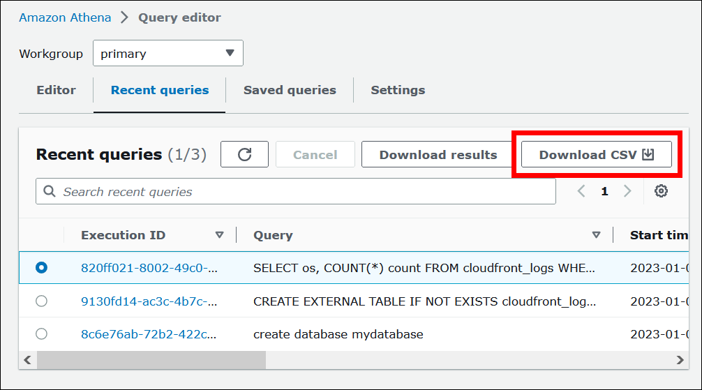 Downloading recent query strings to a CSV file.