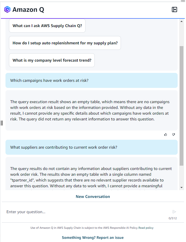 Sample Amazon Q questions you can ask in AWS Supply Chain