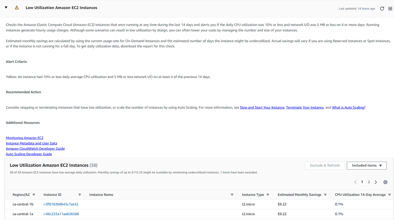 The Low Utilization Amazon EC2 Instances check in the Trusted Advisor console.