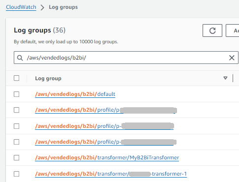 An example set of log groups, a default group, a profile group, and a transformer group.