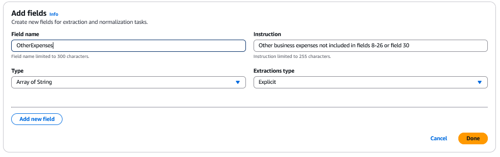 Console showing how to add 'Field name' and 'Instruction'. The 'Type' is set to 'Array of String' and 'Extraction type' is set to 'Explicit'.