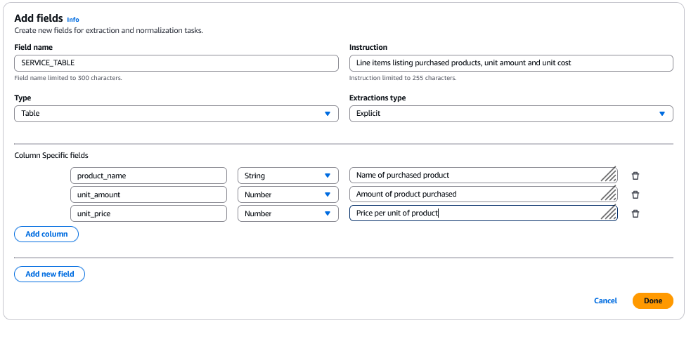 Console showing how to add 'Field name' and 'Instruction'. The 'Type' is set to 'Table' and 'Extraction type' is set to 'Explicit' and shows column-specific fields that are added.