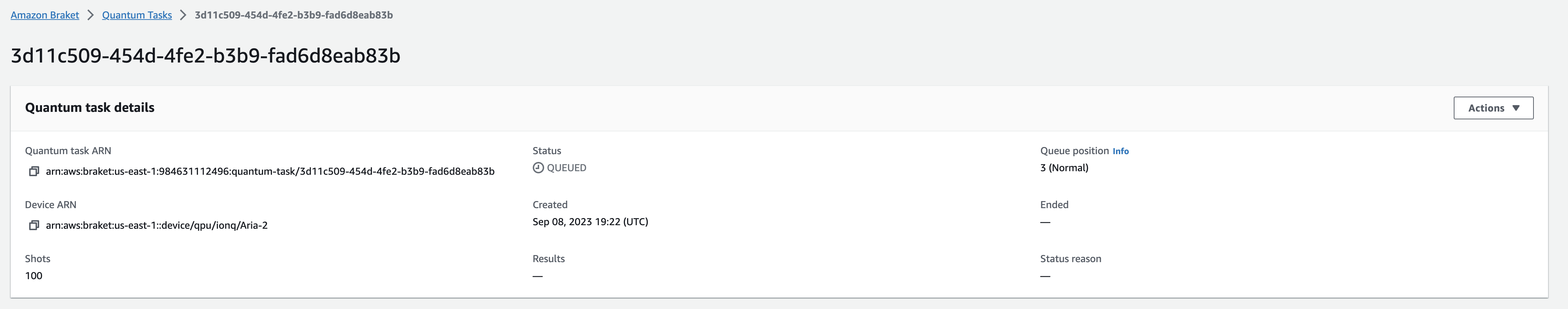 Amazon Braket quantum task details interface showing task ARN, device ARN, shots count, queue position, and status as queued.
