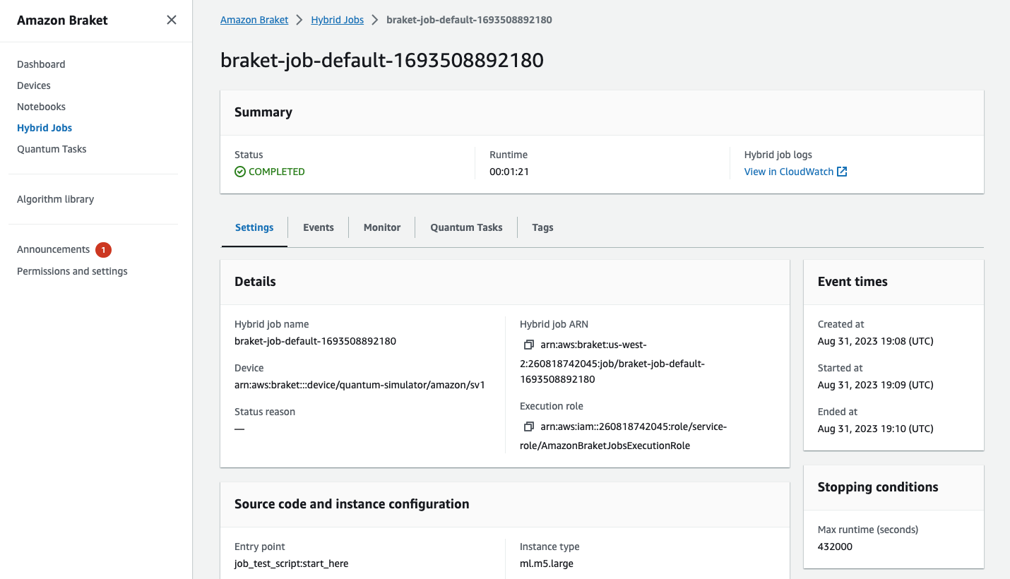 Amazon Braket hybrid job details showing summary, event times, source code and instance configuration, and stopping conditions.