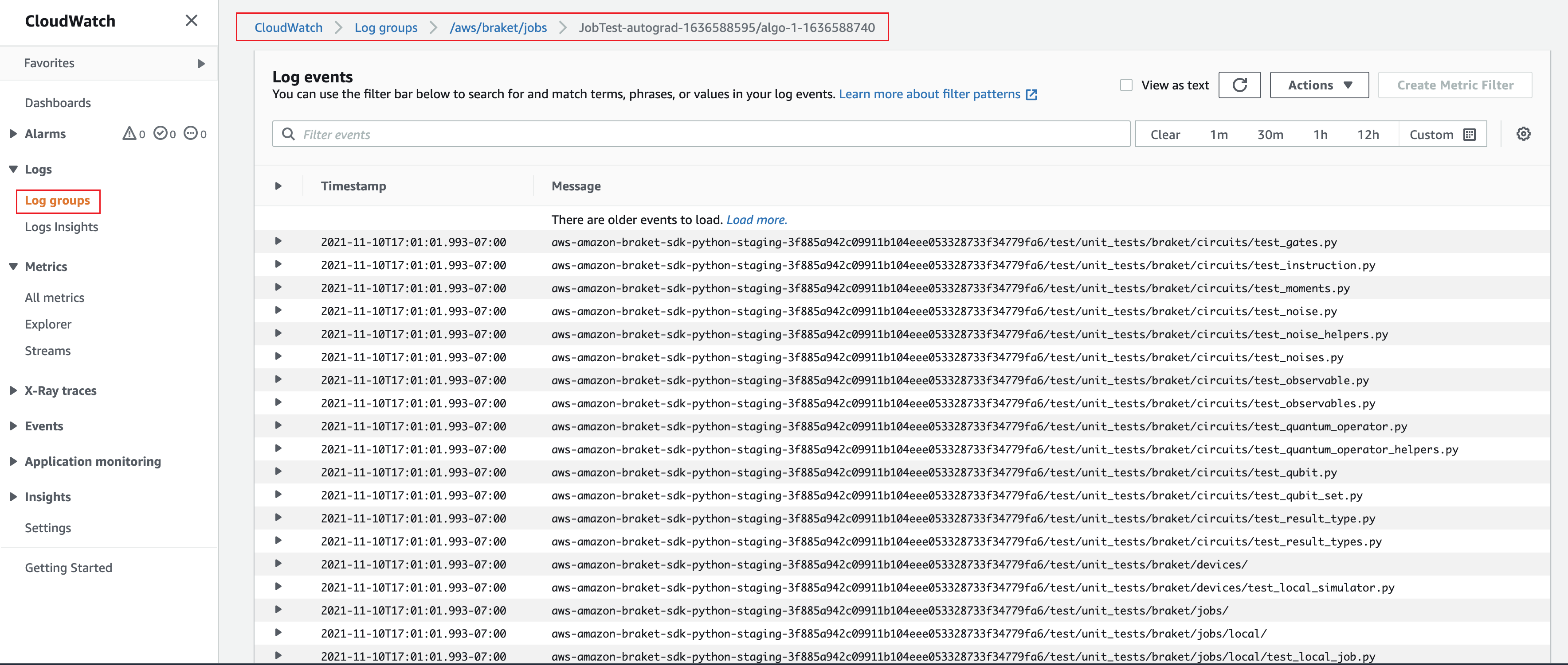 CloudWatch log group showing list of log events with file paths and timestamps for Amazon Braket SDK Python tests.