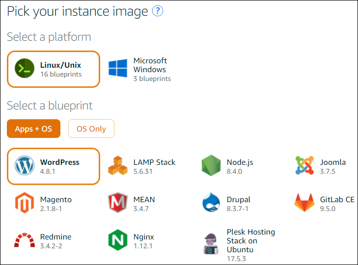 Choosing an instance platform and blueprint in the Lightsail console