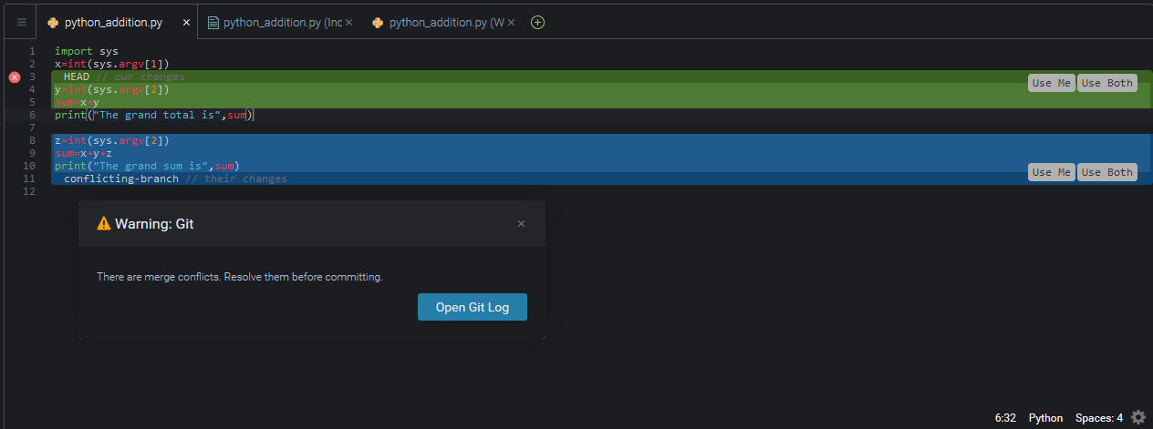 IDE window for resolving merge conflicts