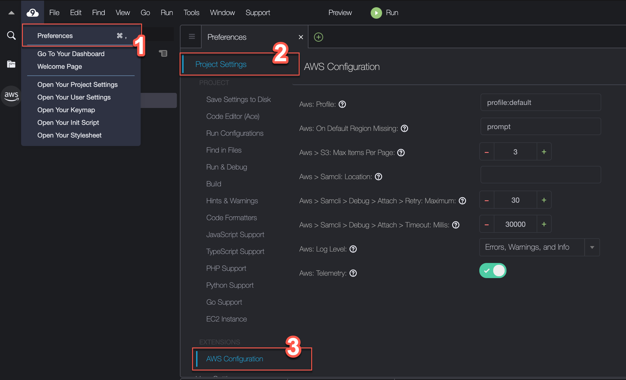 Labelled screenshot showing the location of the AWS Configuration menu for the AWS Toolkit