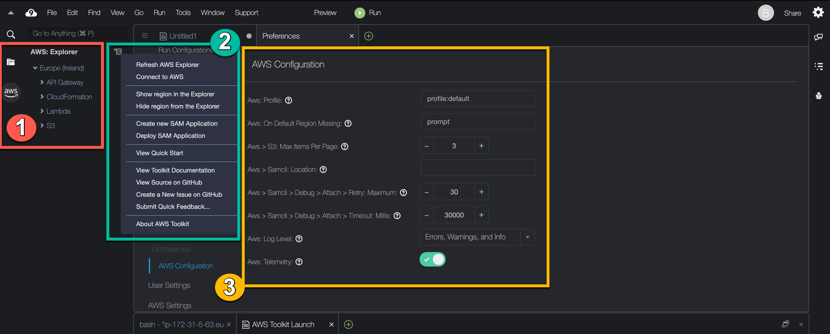 Labelled screenshot showing key UI components of the AWS Toolkit