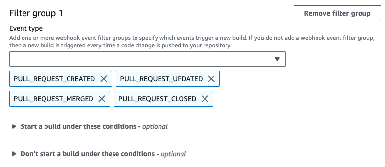 A webhook filter group that triggers a build for pull requests only.
