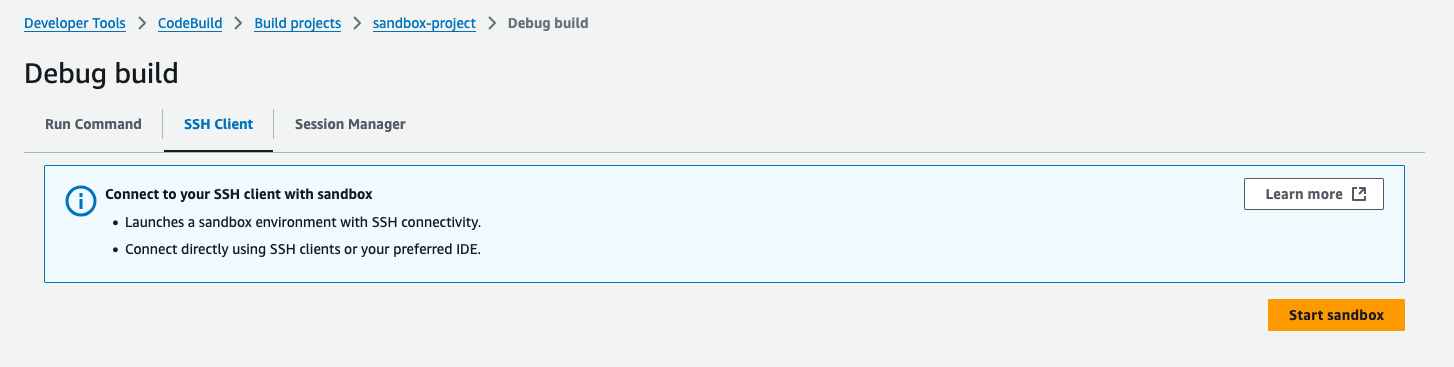 The "SSH Client" tab in the console with "Start sandbox" button.