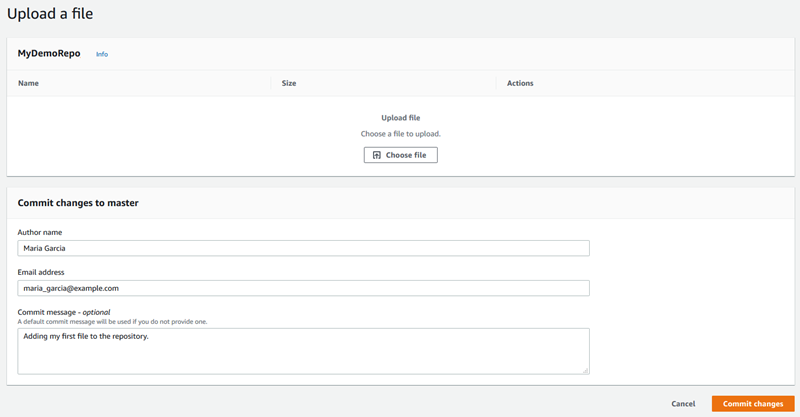A view of uploading a file in the CodeCommit console