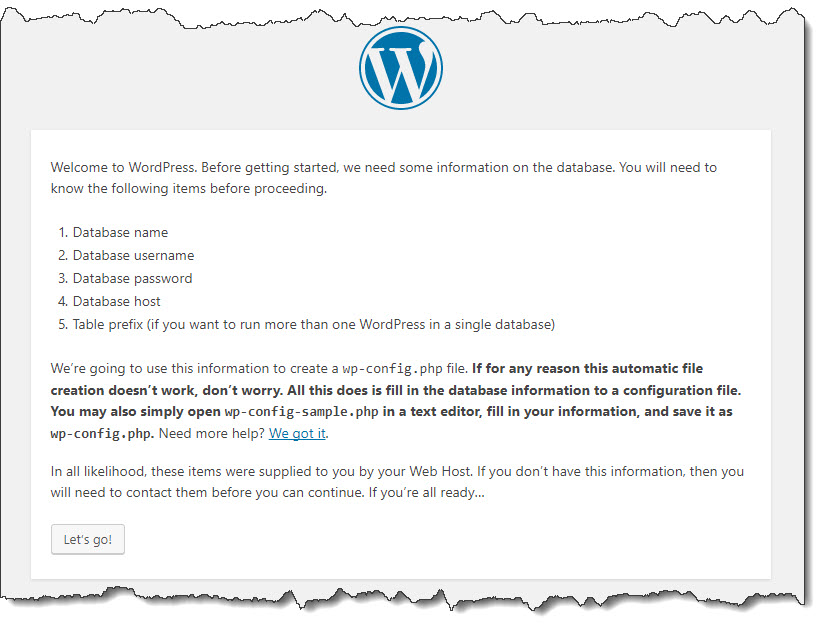 WordPress welcome page