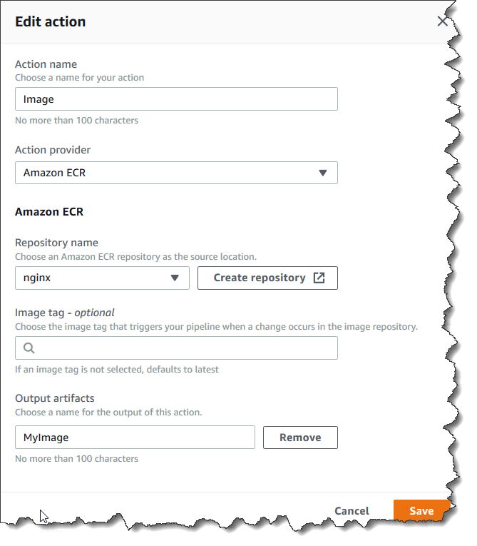 Add an Amazon ECR source action to your pipeline.