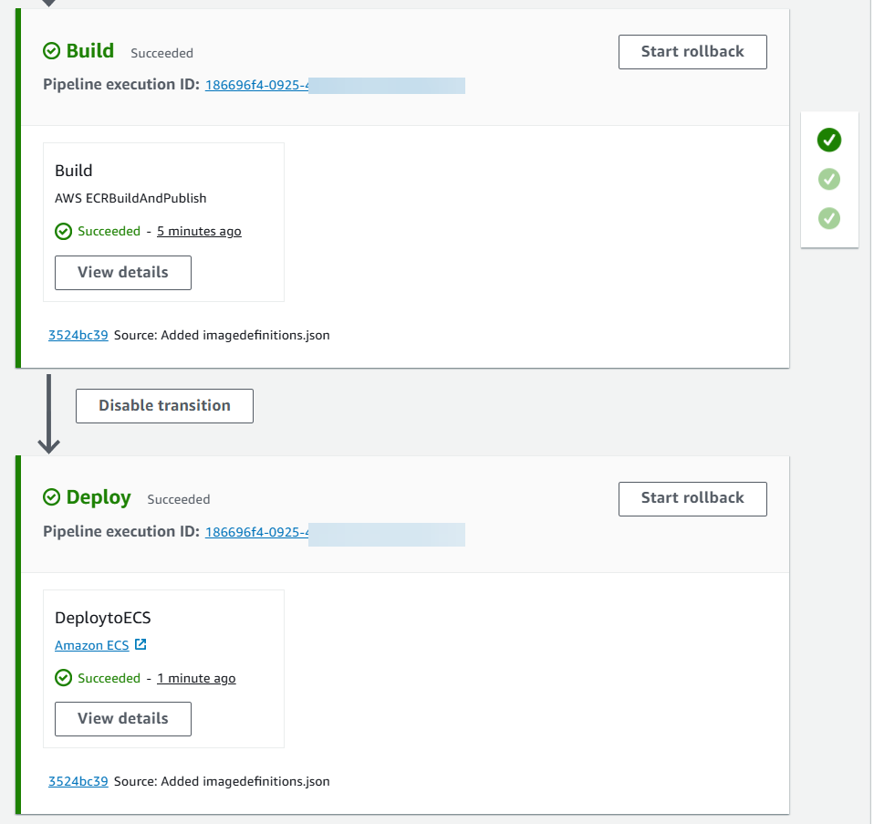 A console diagram showing a successful pipeline run with the Amazon ECR build action and the Amazon ECS deploy action added to your pipeline.