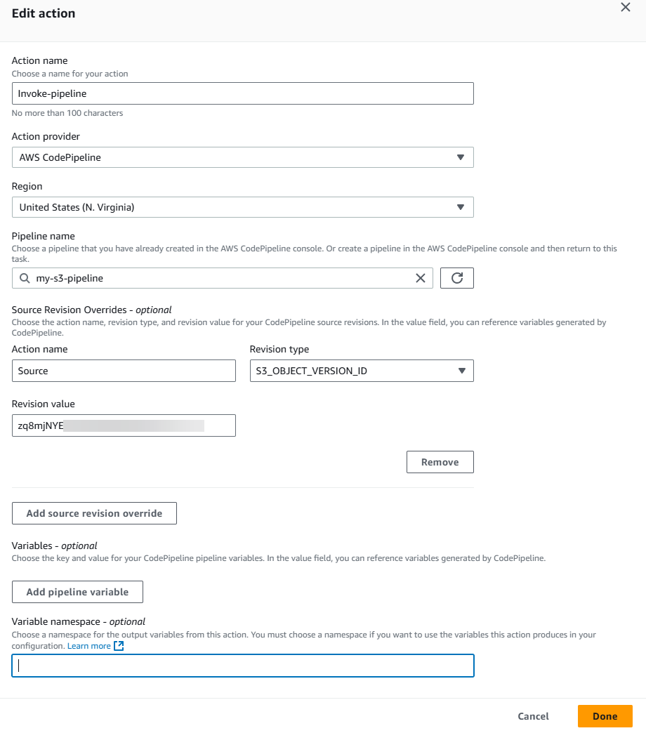 The Edit action page for a new pipeline with the pipeline invoke action