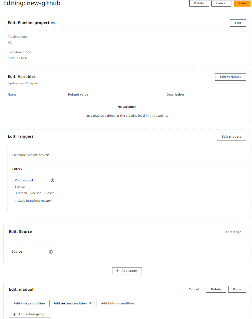 An example of the pipeline editing mode in the CodePipeline console.