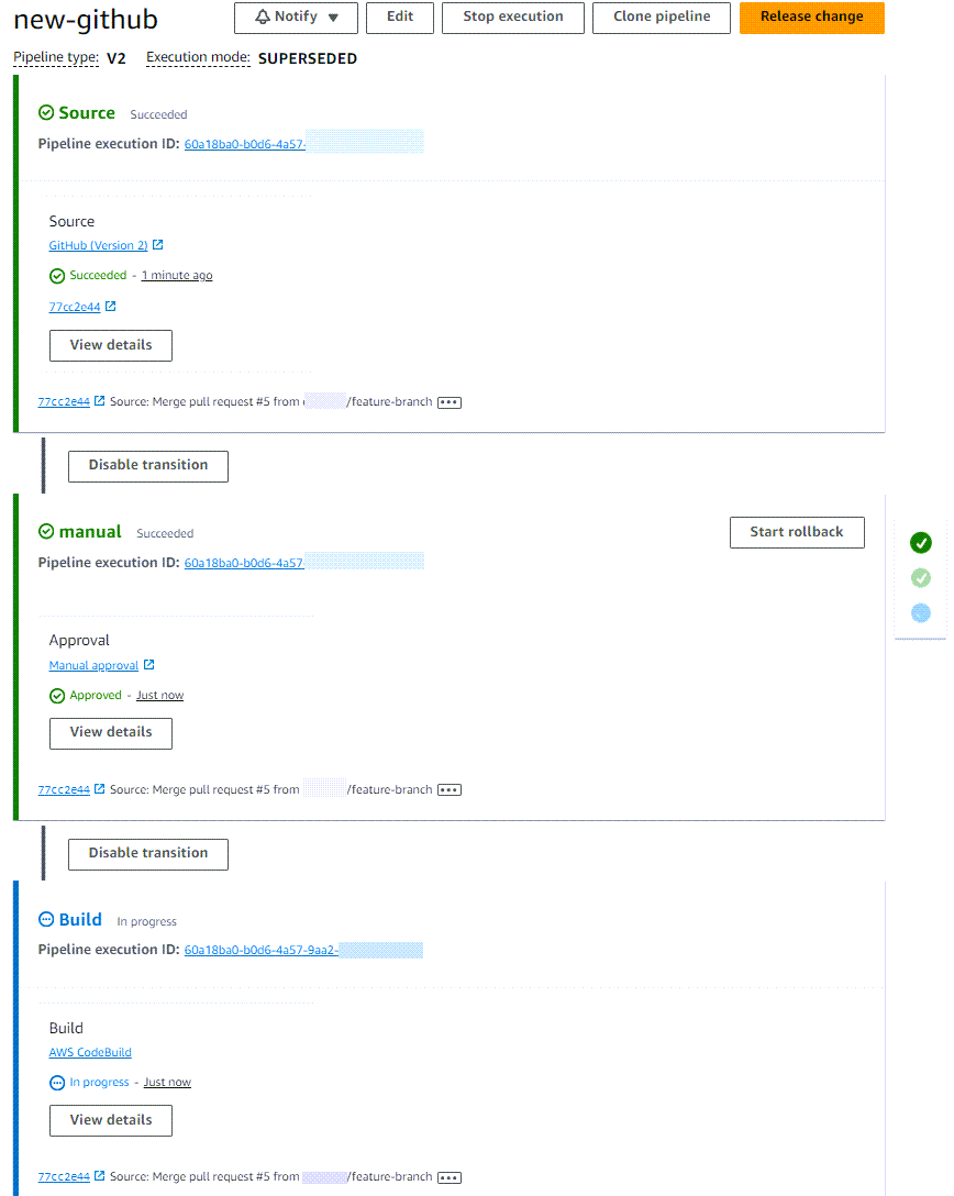 An example of the pipeline view in the CodePipeline console.