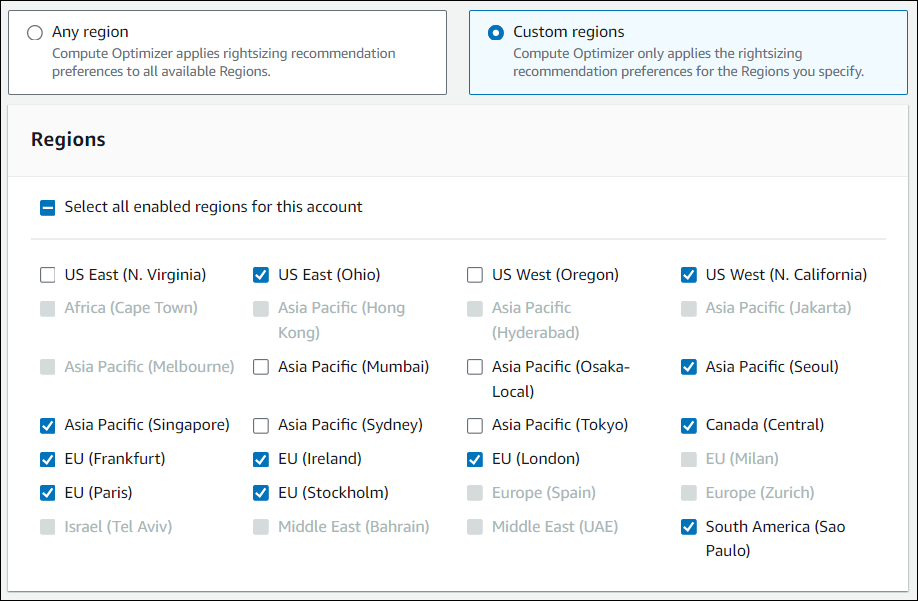 Choose the Regions for rightsizing recommendation preferences