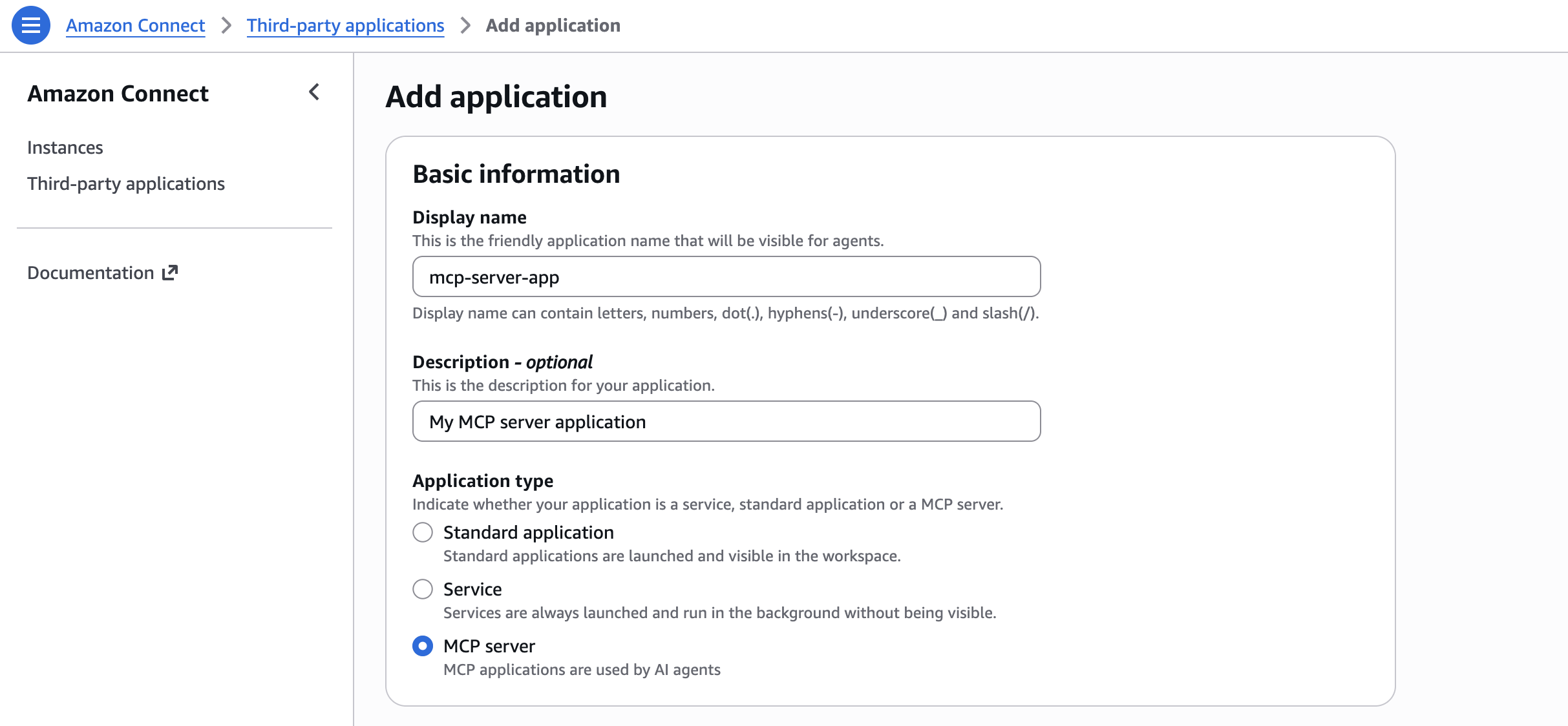 The Add application page showing Basic information fields for an MCP server application.