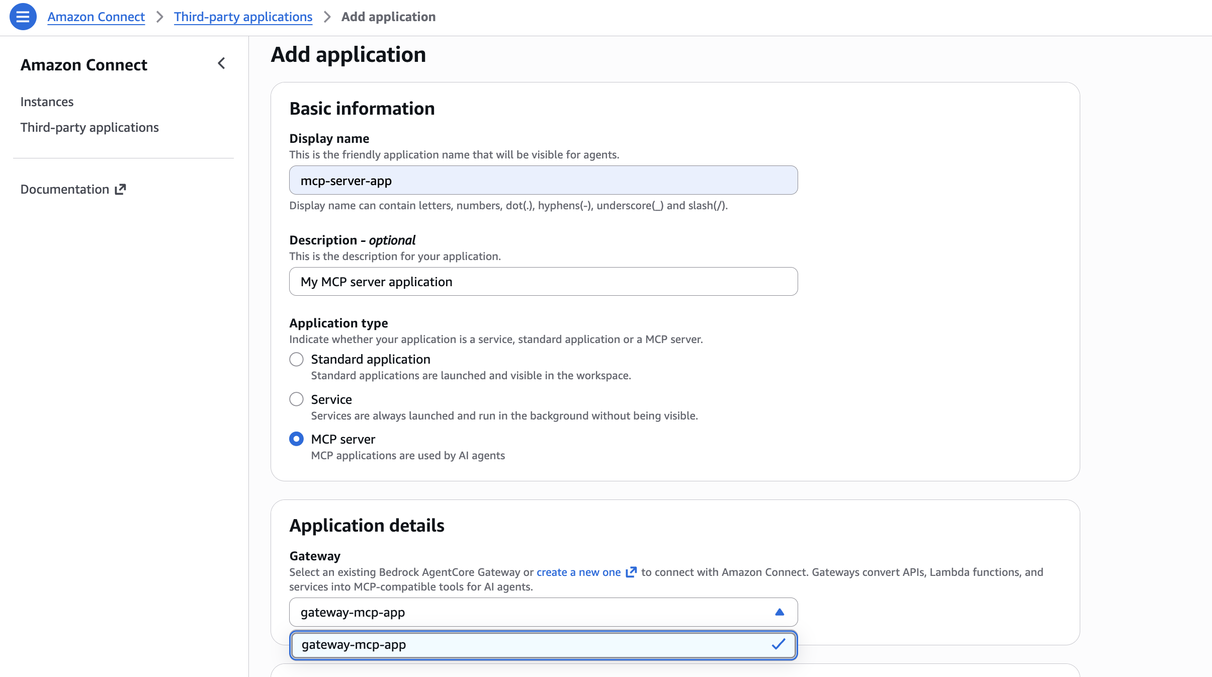 The Application details section showing gateway selection.