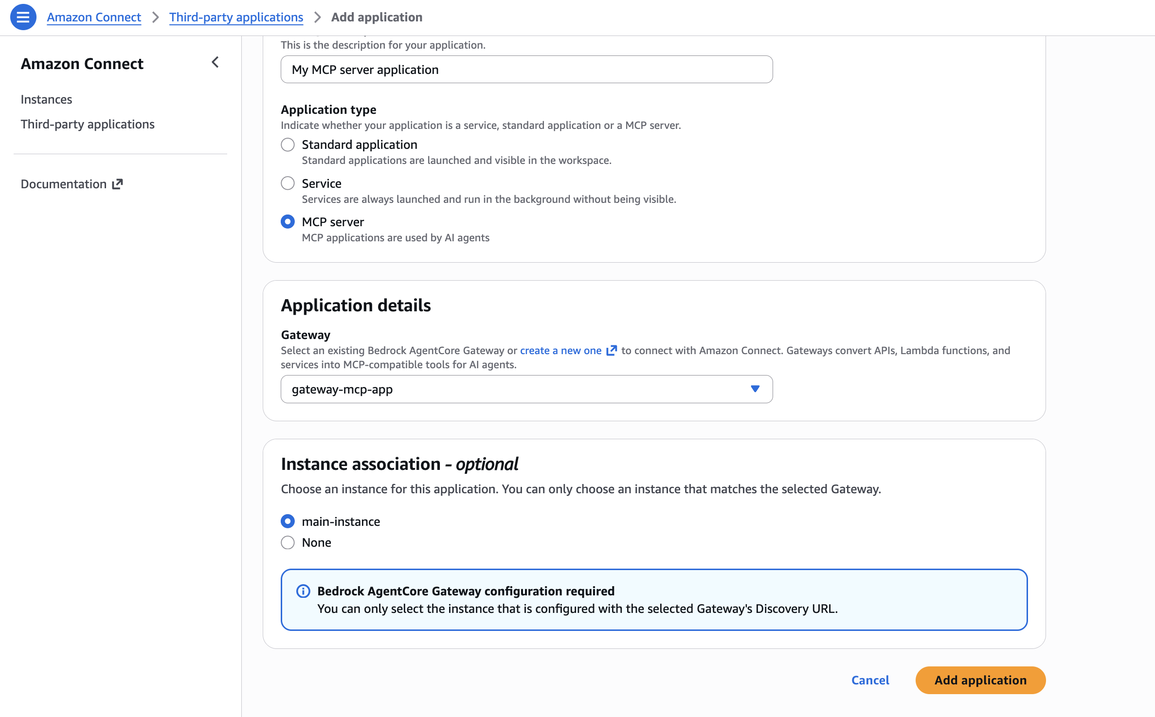 The Instance association section showing instance selection options.