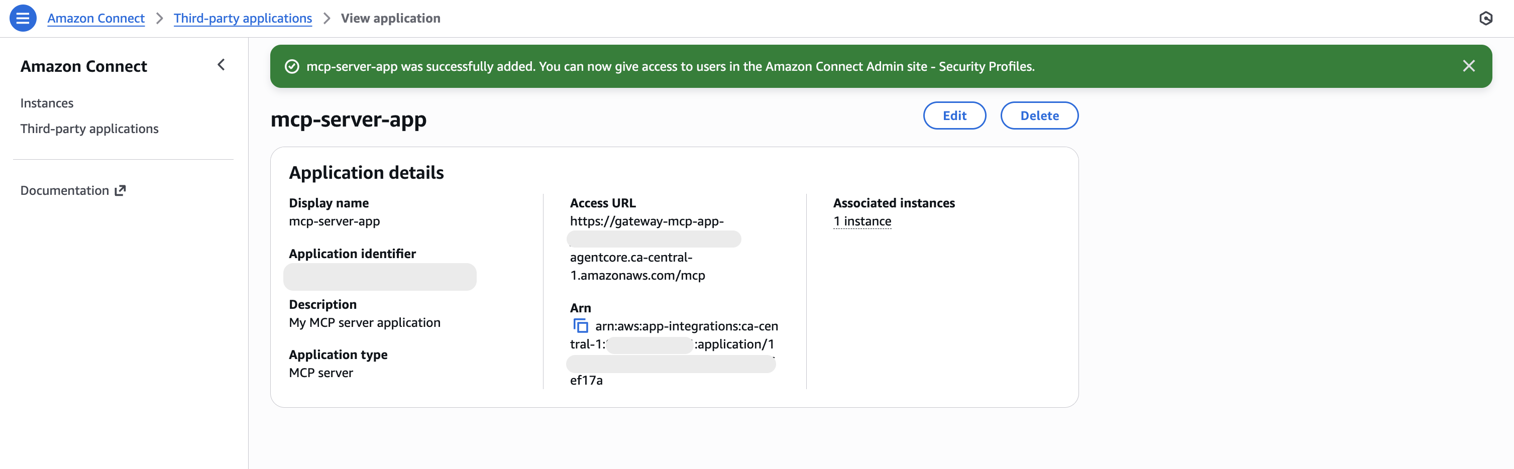 The View applications page showing a success banner after creating an MCP server application.