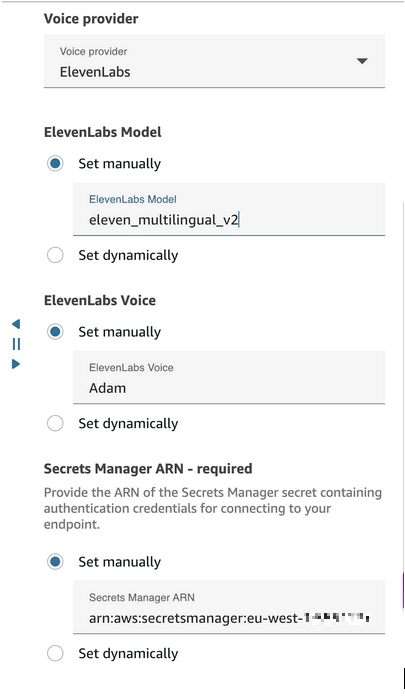 The 'Voice provider' configuration pane showing the ElevenLabs third-party voice provider.