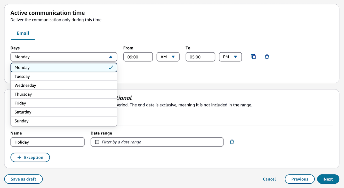 Active communication time configuration panel showing day and time selection for campaign outreach.