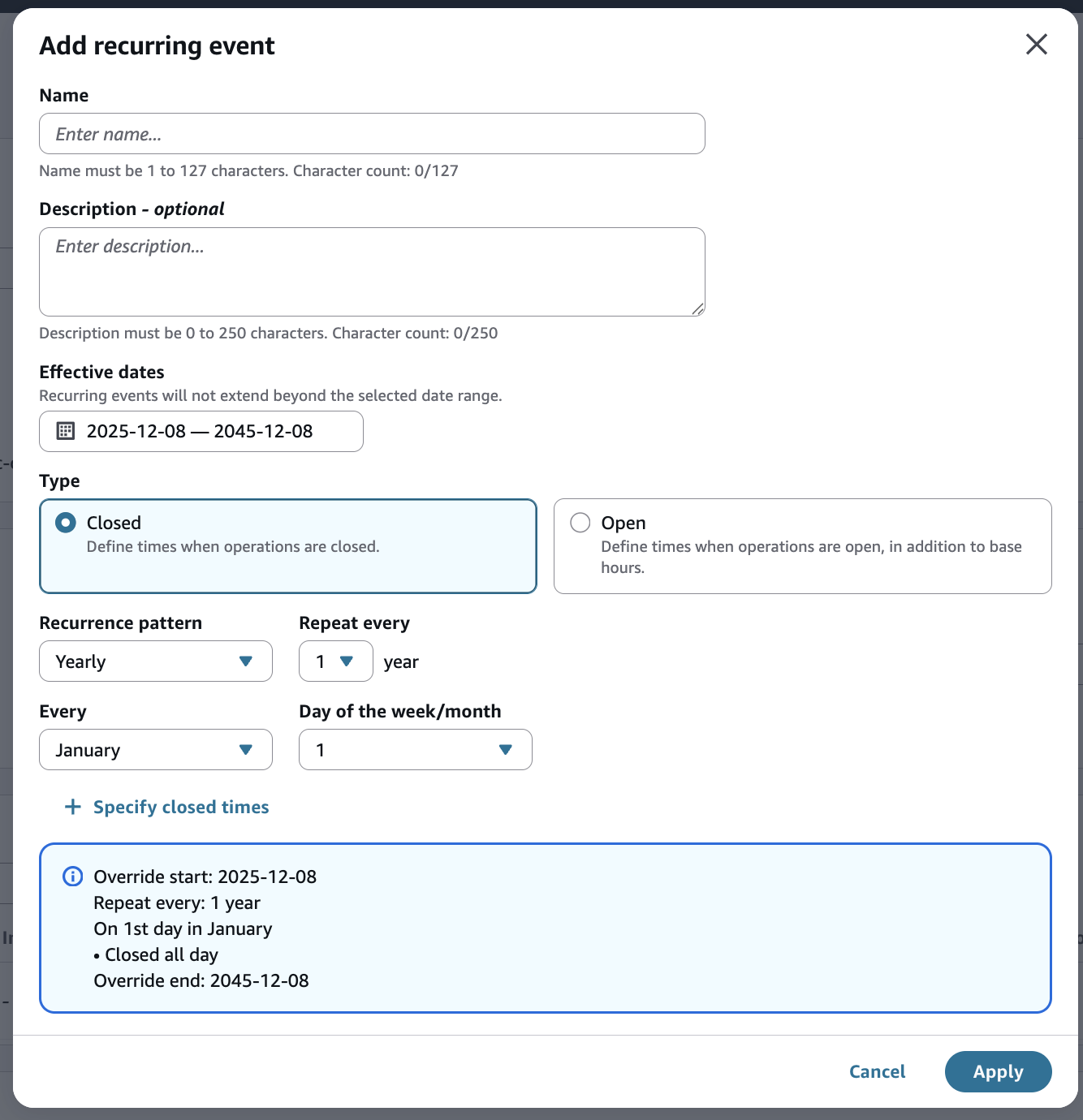 Dialog to add a recurring event for any day of the week.