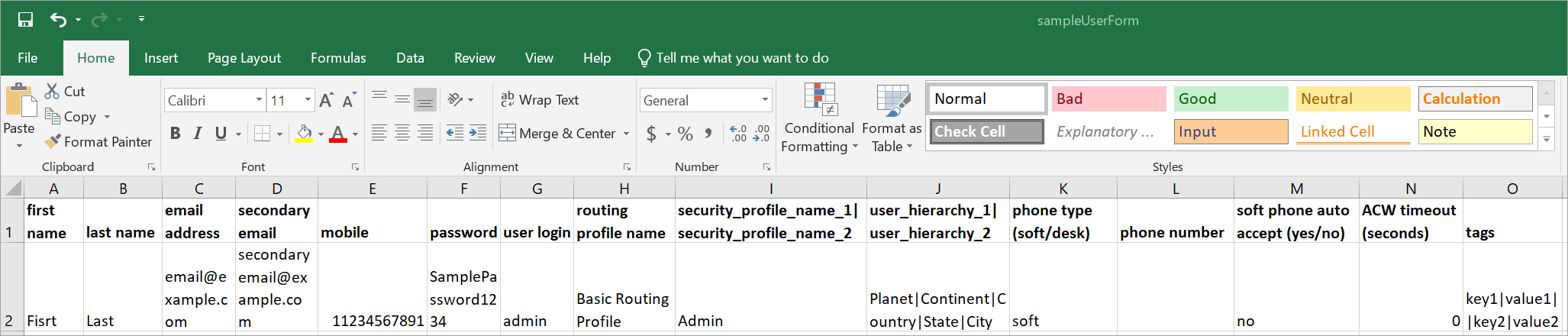 The csv template in an Excel spreadsheet.