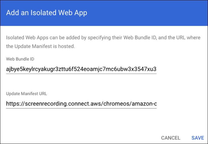 A completed Add an Isolated Web App dialog box.