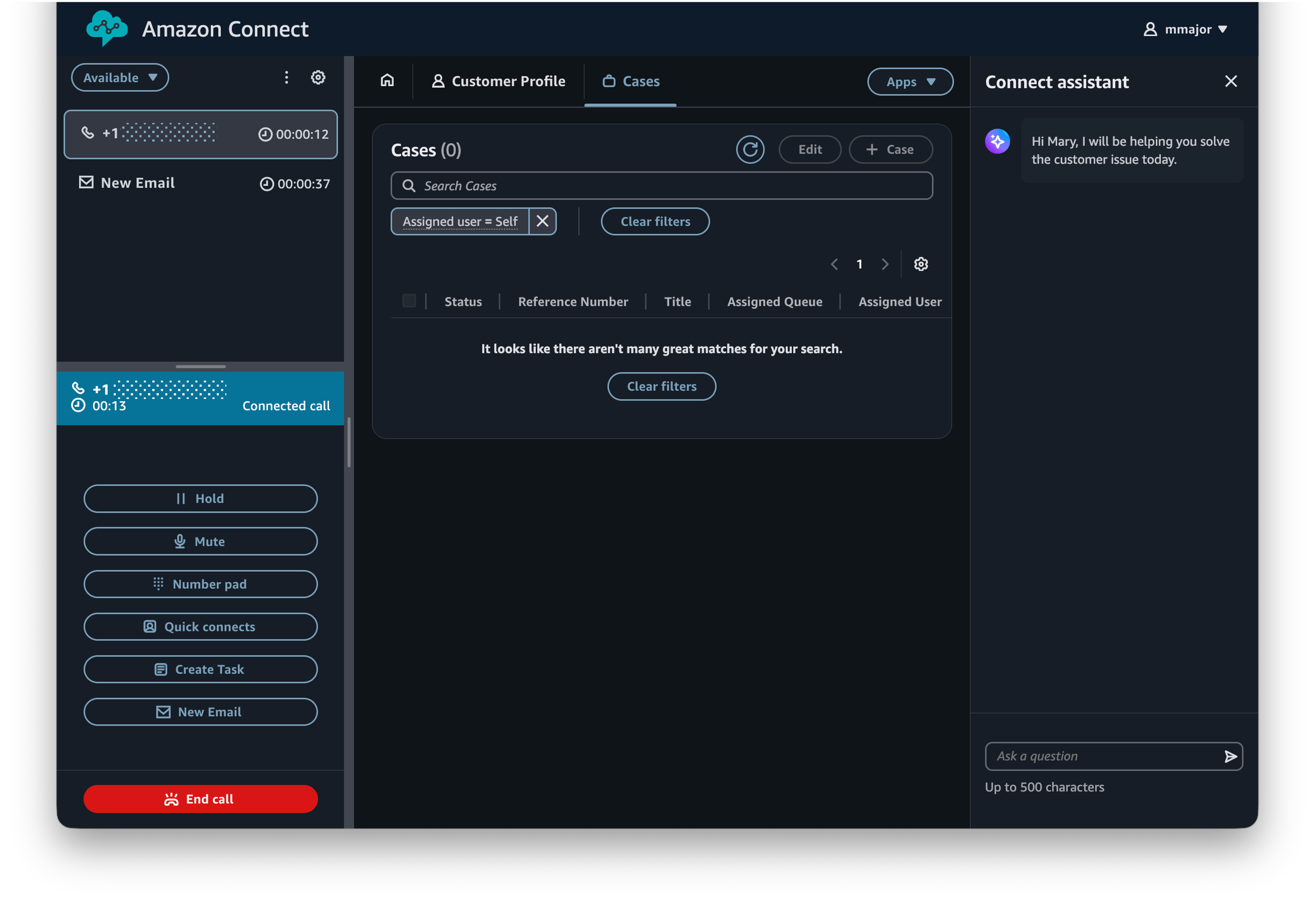 The agent workspace in dark mode.
