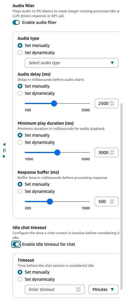 The Optional settings of the Agentic CX Flow block, showing the Idle chat timeout configuration.